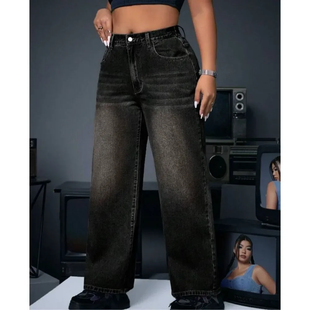 New SHEIN CURVE BLACK WIDE LEG JEANS 1x - Picture 4 of 9